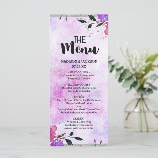 Paarse Bloemen & Zilver Lijst Confetti Bruiloft Me Menu (Staand voorkant)