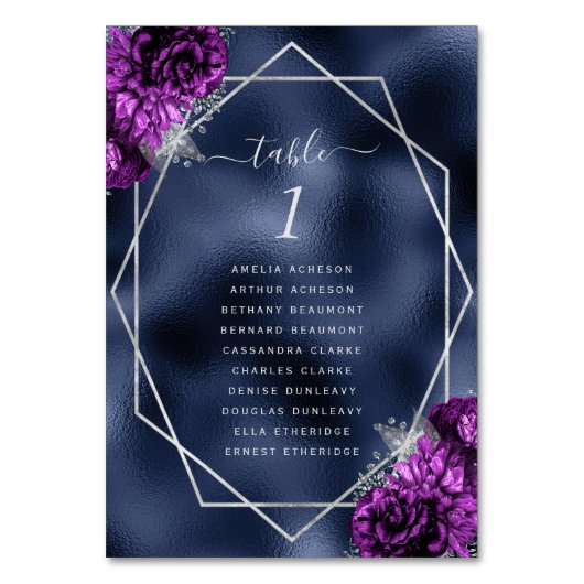 Paarse Bloemen Zilver Lijst Navy Blauwe Folie Huwe Kaart (Achterkant)