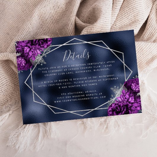 Paarse Bloemen Zilver Navy Blue Wedding Details Informatiekaartje