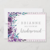 Paarse Bloemen & Zilver wordt je mijn bruidsmeisje Kaart (Voorkant)