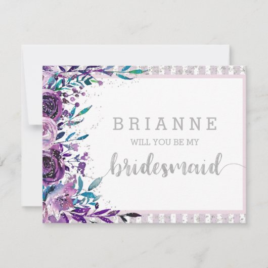 Paarse Bloemen & Zilver wordt je mijn bruidsmeisje Kaart (Voorkant)