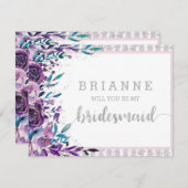 Paarse Bloemen & Zilver wordt je mijn bruidsmeisje Kaart (Voorkant / Achterkant)