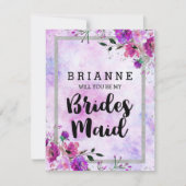 Paarse Bloemen & Zilver wordt je mijn bruidsmeisje Kaart (Voorkant)