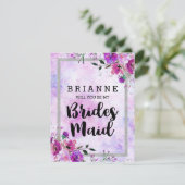 Paarse Bloemen & Zilver wordt je mijn bruidsmeisje Kaart (Staand voorkant)