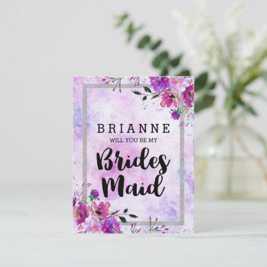 Paarse Bloemen & Zilver wordt je mijn bruidsmeisje Kaart (Staand voorkant)