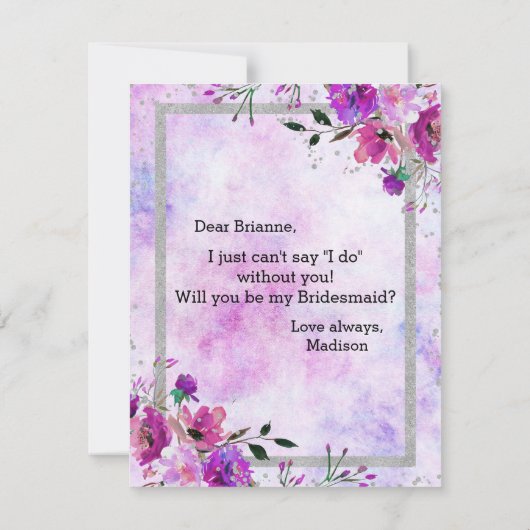 Paarse Bloemen & Zilver wordt je mijn bruidsmeisje Kaart (Achterkant)