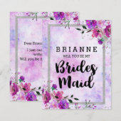 Paarse Bloemen & Zilver wordt je mijn bruidsmeisje Kaart (Voorkant / Achterkant)