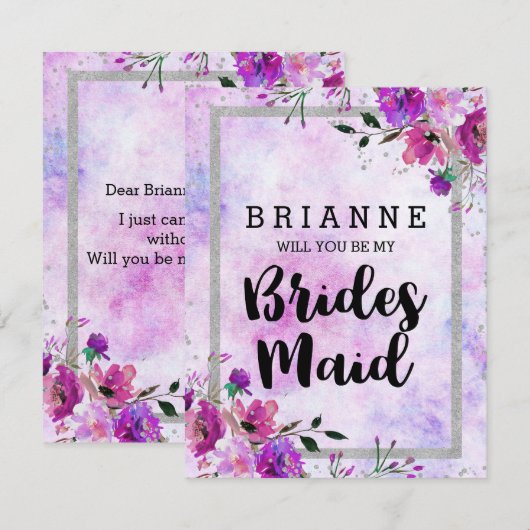 Paarse Bloemen & Zilver wordt je mijn bruidsmeisje Kaart (Voorkant / Achterkant)