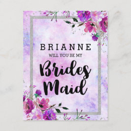 Paarse Bloemen & Zilver wordt je mijn bruidsmeisje Kaart