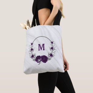 Paarse bloemen zilveren bladeren marmeren canvas t tote bag