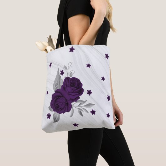Paarse bloemen zilveren bladeren marmeren canvas t tote bag (Dichtbij)