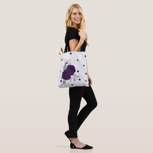 Paarse bloemen zilveren bladeren marmeren canvas t tote bag (Op model)