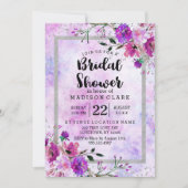 Paarse Bloemen & Zilveren Bruidsdouche Uitnodiging (Voorkant)