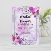 Paarse Bloemen & Zilveren Bruidsdouche Uitnodiging (Staand voorkant)