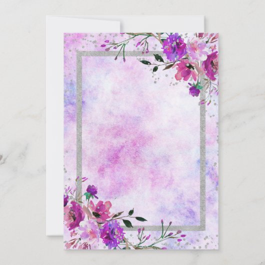 Paarse Bloemen & Zilveren Bruidsdouche Uitnodiging (Achterkant)