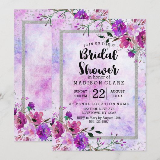 Paarse Bloemen & Zilveren Bruidsdouche Uitnodiging (Voorkant / Achterkant)