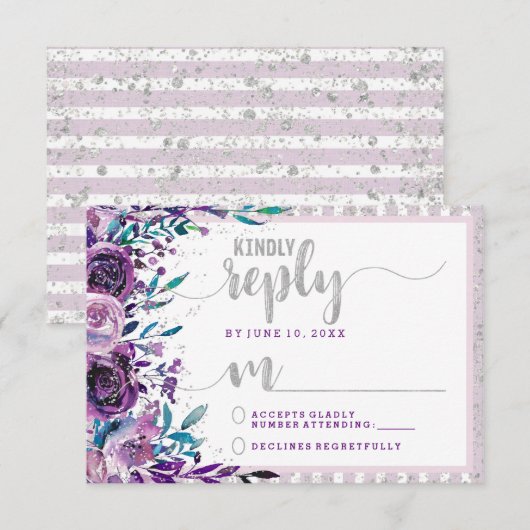 Paarse Bloemen & Zilveren Bruiloft Antwoord RSVP (Voorkant / Achterkant)