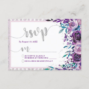 Paarse Bloemen & Zilveren Bruiloft RSVP Reactie Kaartje
