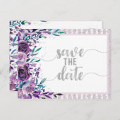 Paarse Bloemen & Zilveren Bruiloft Save the Date Aankondigingskaart (Voorkant / Achterkant)