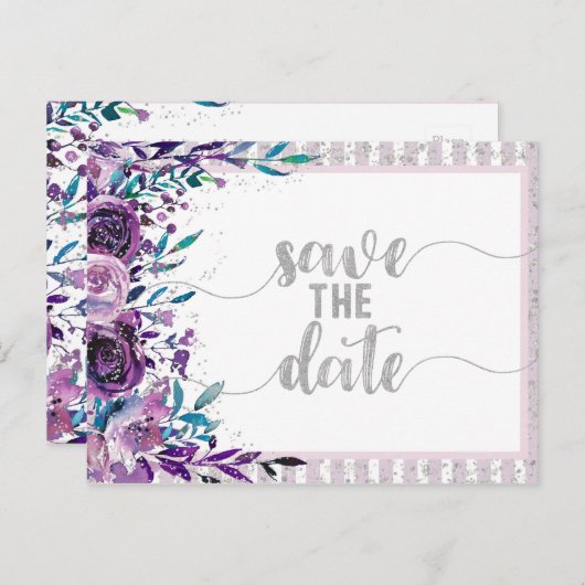 Paarse Bloemen & Zilveren Bruiloft Save the Date Aankondigingskaart (Voorkant / Achterkant)