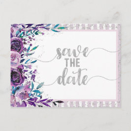 Paarse Bloemen & Zilveren Bruiloft Save the Date Aankondigingskaart