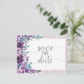 Paarse Bloemen & Zilveren Bruiloft Save the Date Aankondigingskaart (Staand voorkant)