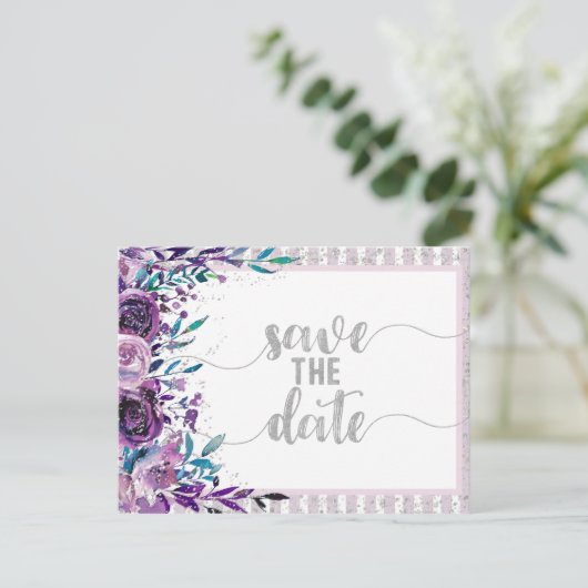Paarse Bloemen & Zilveren Bruiloft Save the Date Aankondigingskaart (Staand voorkant)