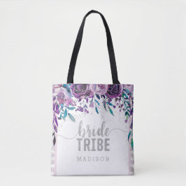Paarse Bloemen & Zilveren Confetti Bruid Tribe Tote Bag