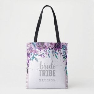 Paarse Bloemen & Zilveren Confetti Bruid Tribe Tote Bag