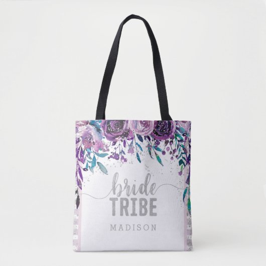 Paarse Bloemen & Zilveren Confetti Bruid Tribe Tote Bag (Voorkant)