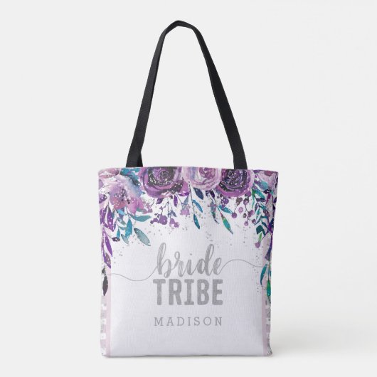 Paarse Bloemen & Zilveren Confetti Bruid Tribe Tote Bag (Achterkant)