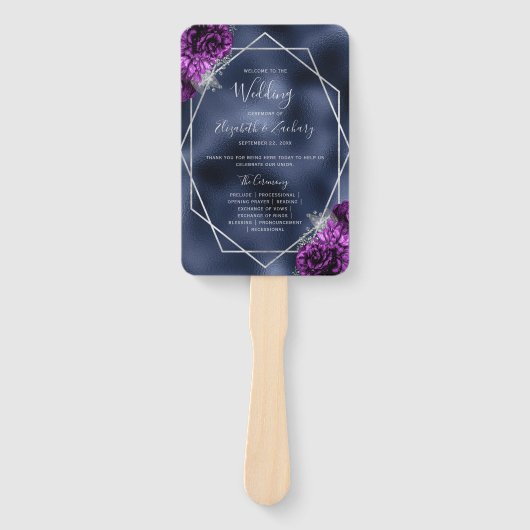Paarse Bloemen Zilveren Geo Navy Folie Wedding Pro Handwaaier (Voorkant)