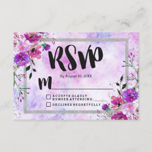 Paarse Bloemen & Zilveren Lijst Bruiloft RSVP Reac