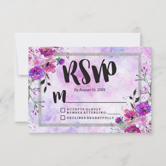 Paarse Bloemen & Zilveren Lijst Bruiloft RSVP Reac (Voorkant)