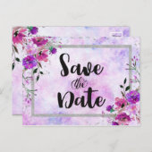 Paarse Bloemen & Zilveren Lijst Bruiloft Save the Aankondigingskaart (Voorkant / Achterkant)