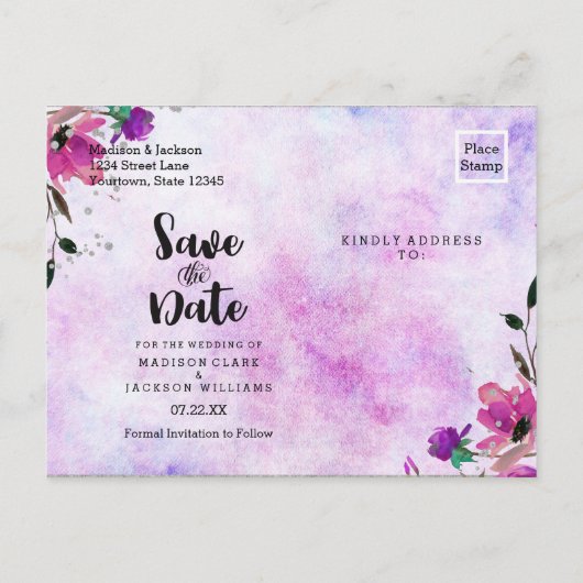 Paarse Bloemen & Zilveren Lijst Bruiloft Save the  Aankondigingskaart (Achterkant)