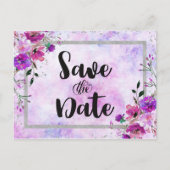 Paarse Bloemen & Zilveren Lijst Bruiloft Save the  Aankondigingskaart (Voorkant)
