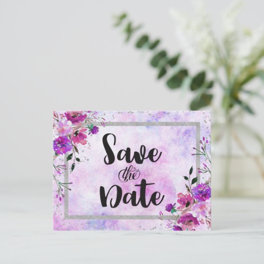 Paarse Bloemen & Zilveren Lijst Bruiloft Save the  Aankondigingskaart (Staand voorkant)