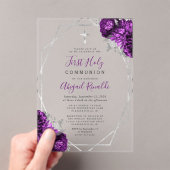 Paarse Bloemen Zilveren Lijst Eerste Heilige Commu Acryl Uitnodigingen (Insitu (Draagbaar))
