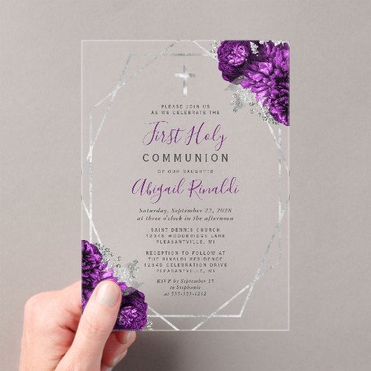 Paarse Bloemen Zilveren Lijst Eerste Heilige Commu Acryl Uitnodigingen (Insitu (Draagbaar))