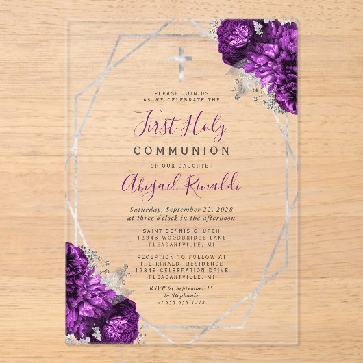 Paarse Bloemen Zilveren Lijst Eerste Heilige Commu Acryl Uitnodigingen (Voorkant)