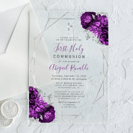 Paarse Bloemen Zilveren Lijst Eerste Heilige Commu Acryl Uitnodigingen