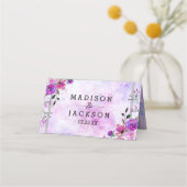 Paarse Bloemen & Zilveren Lijst Naam Tafelnummer Plaatskaartje (Achterkant)