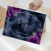 Paarse Bloemen Zilveren Navy Blue Folie Wedding Bedankkaart
