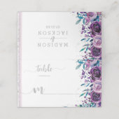 Paarse Bloemen & Zilveren Strepen Naam Tafelnummer Plaatskaartje (Buitenkant ongevouwen)