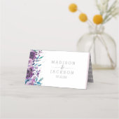 Paarse Bloemen & Zilveren Strepen Naam Tafelnummer Plaatskaartje (Achterkant)