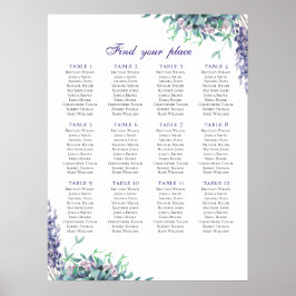 Paarse bloemen zitplaatskaart afdruk. Teal bruilof Poster