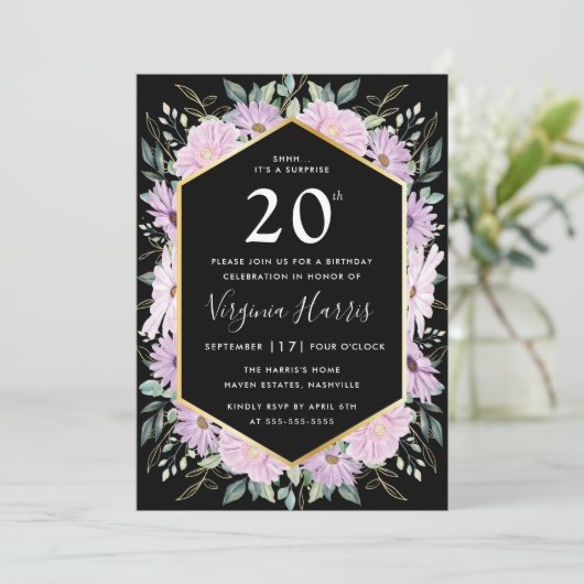 Paarse Bloemen Zwart 20ste Verjaardag Kaart (Staand voorkant)