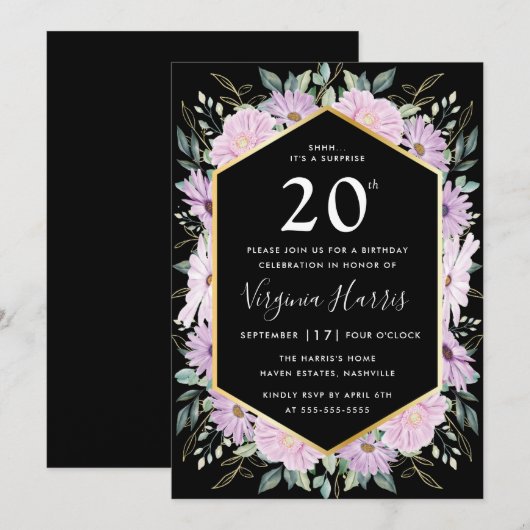 Paarse Bloemen Zwart 20ste Verjaardag Kaart (Voorkant / Achterkant)