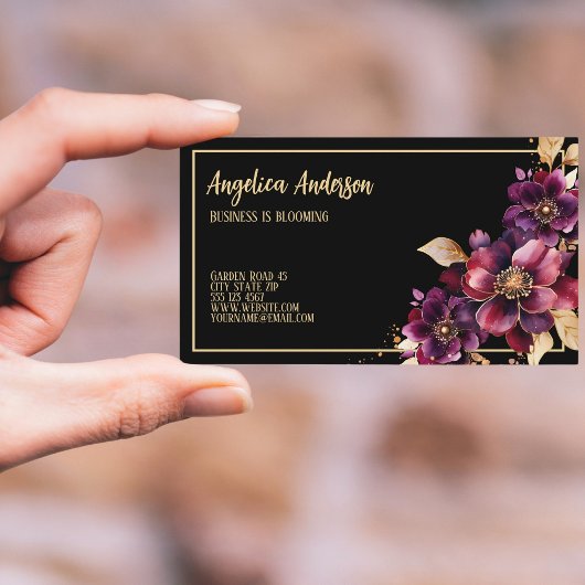 Paarse bloemen zwart visitekaartje